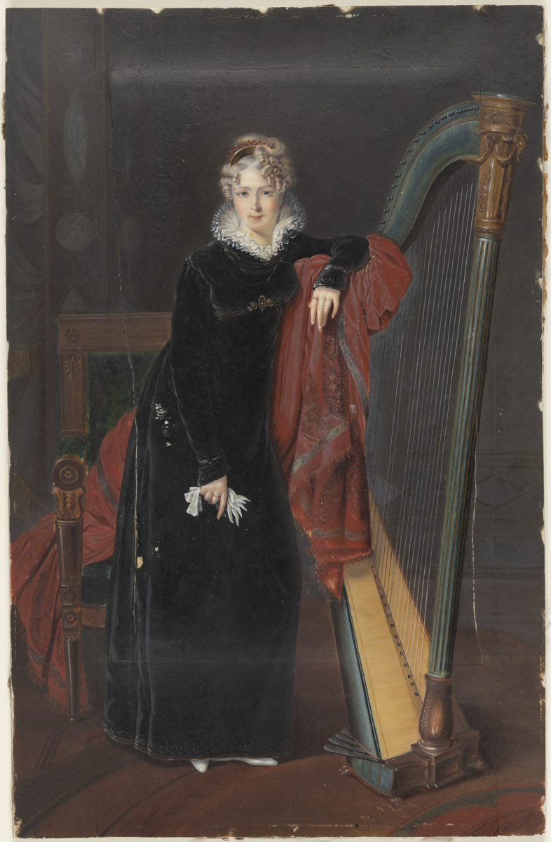 Portrait d'une jeune femme blonde, en robe de velours noir, accoudée à une harpe, dite de la baronne de Benoist